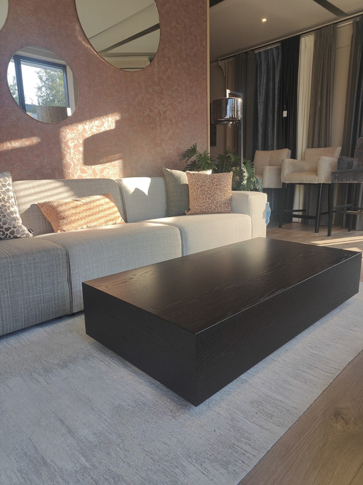 Puuur op maat bloktafel salontafel eiken fineer donkerbruin, Ophalen, 100 tot 150 cm, Eikenhout, 50 tot 100 cm
