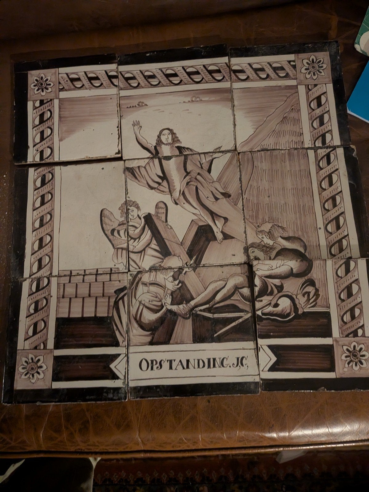 Antieke Tegeltableau 'Opstanding J.C.' - Delftse Stijl, Ophalen of Verzenden