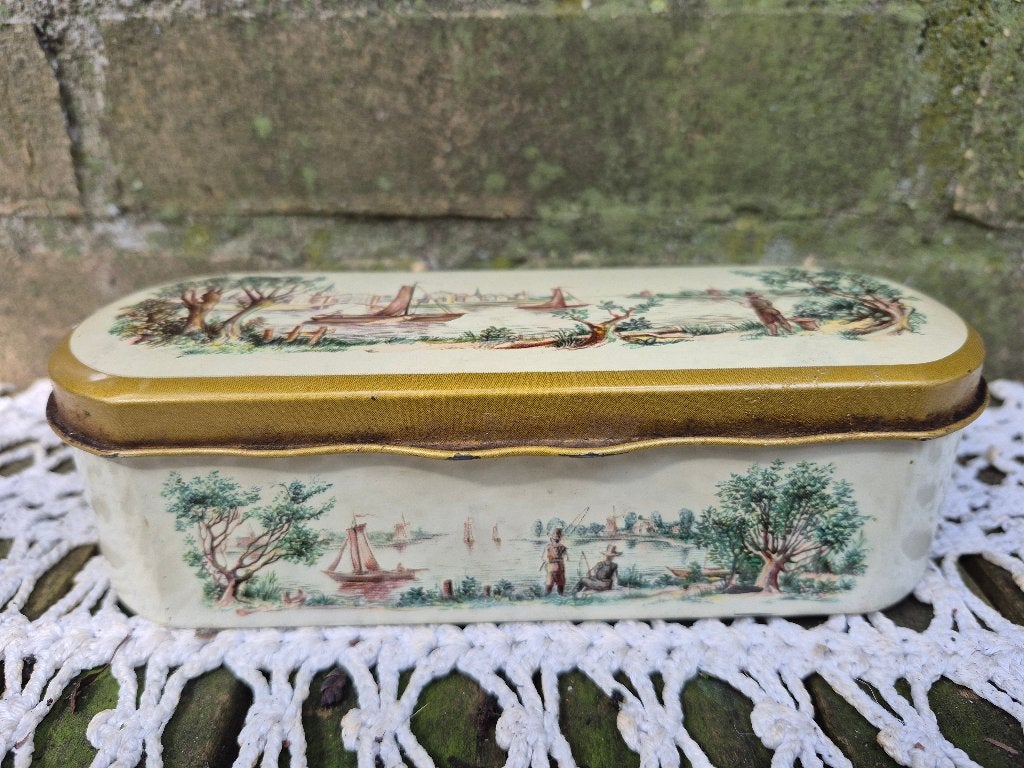Douwe Egberts theelepeldoosje, Vintage, Gebruikt, Meerkleurig, Ophalen of Verzenden