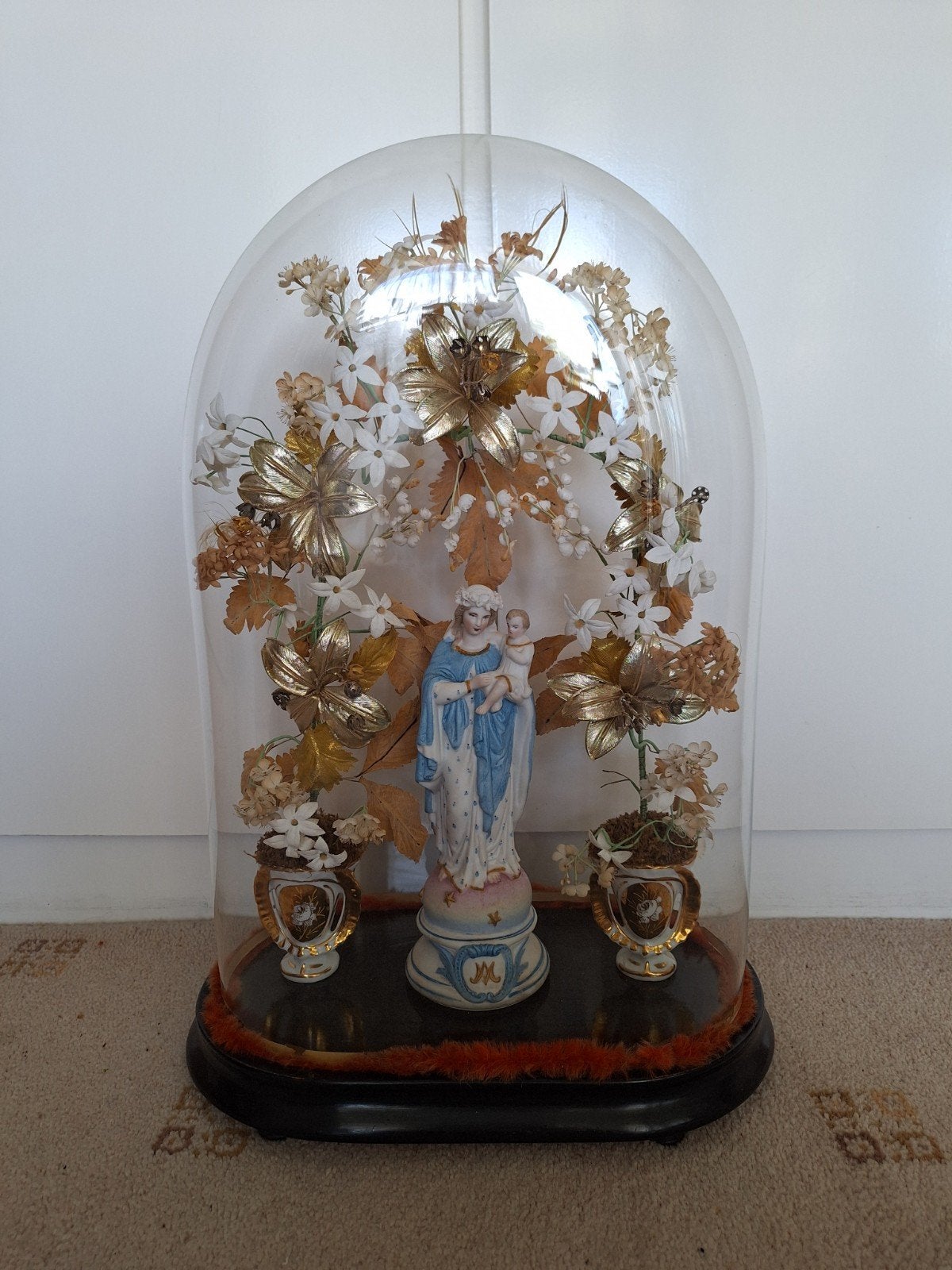 Antieke Mariabeeld onder stolp - Religieuze decoratie, Ophalen of Verzenden