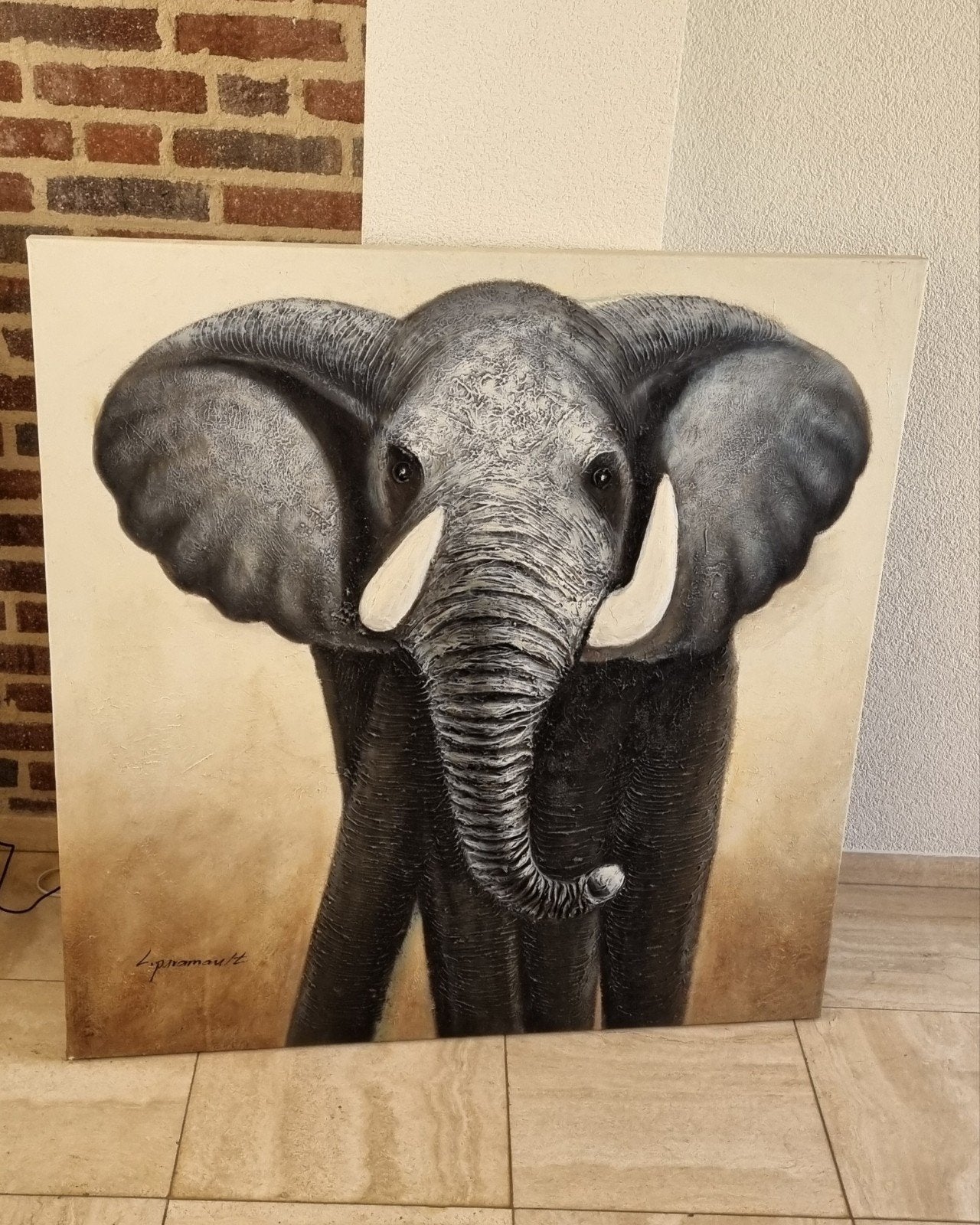 Origineel olieverfschilderij olifant 100x100cm, Ophalen, Dieren, Olieverf, Gesigneerd