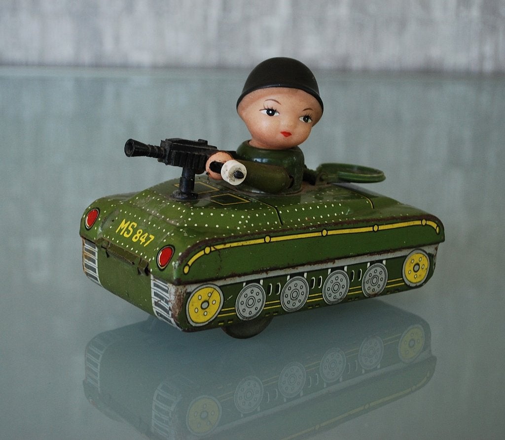 Vintage werkend tank met opwindmechanisme blikken speelgoed, Antiek en Kunst, Ophalen of Verzenden