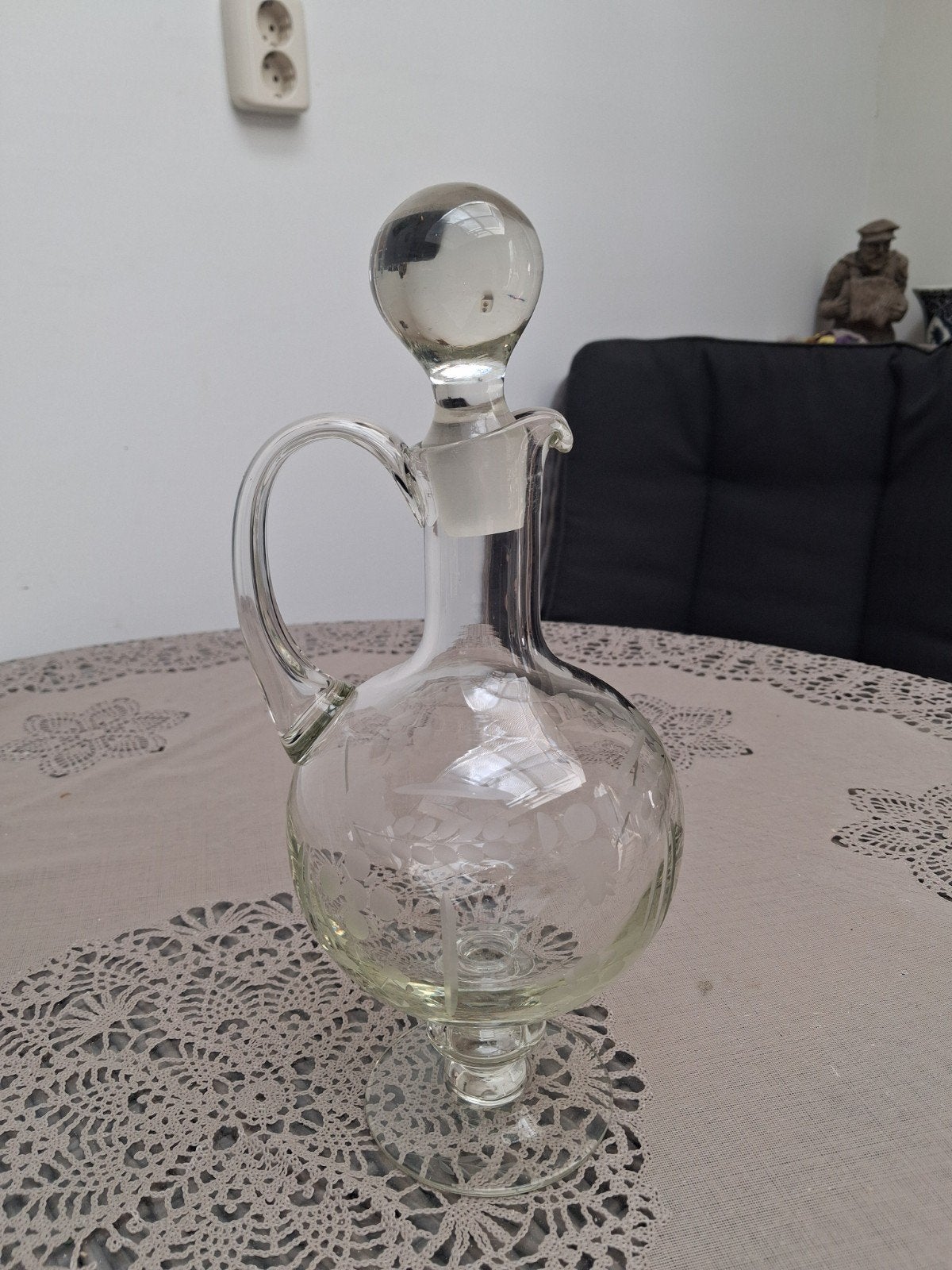 Glazen stopfles met handvat en decoratief patroon, Ophalen of Verzenden