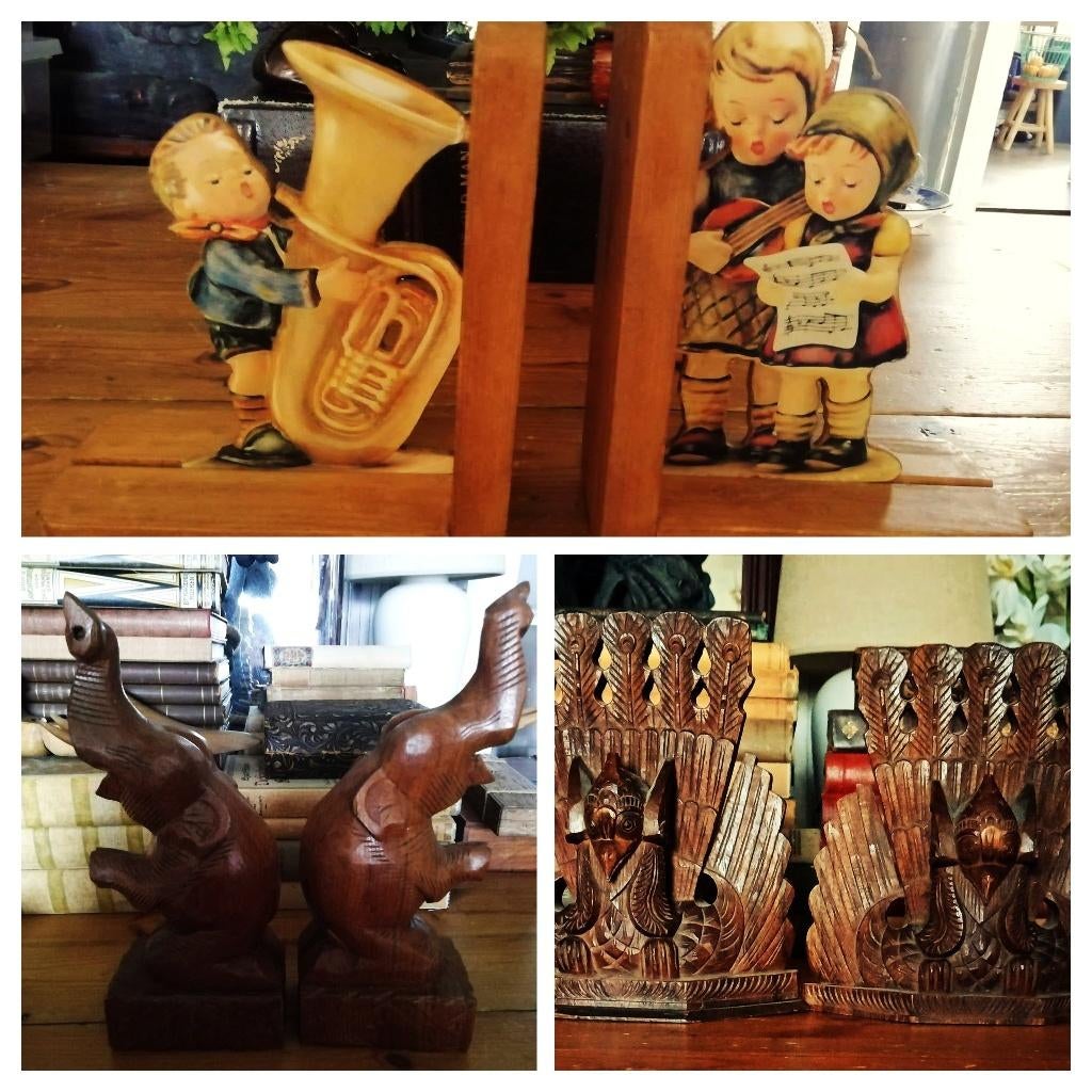 Boekensteun vintage hout kinderen - olifant - Indonesie pauw, Ophalen of Verzenden
