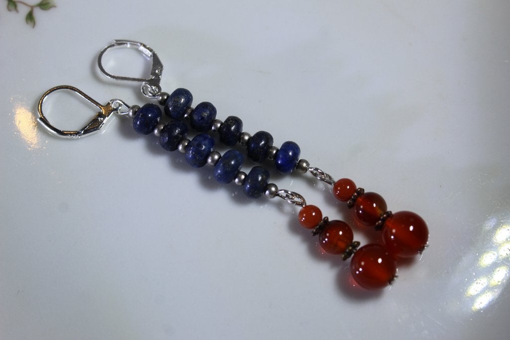 Lange edelsteen oorbellen met Carneool en Lapis Lazuli, Hangers, Overige kleuren, Nieuw, Ophalen of Verzenden
