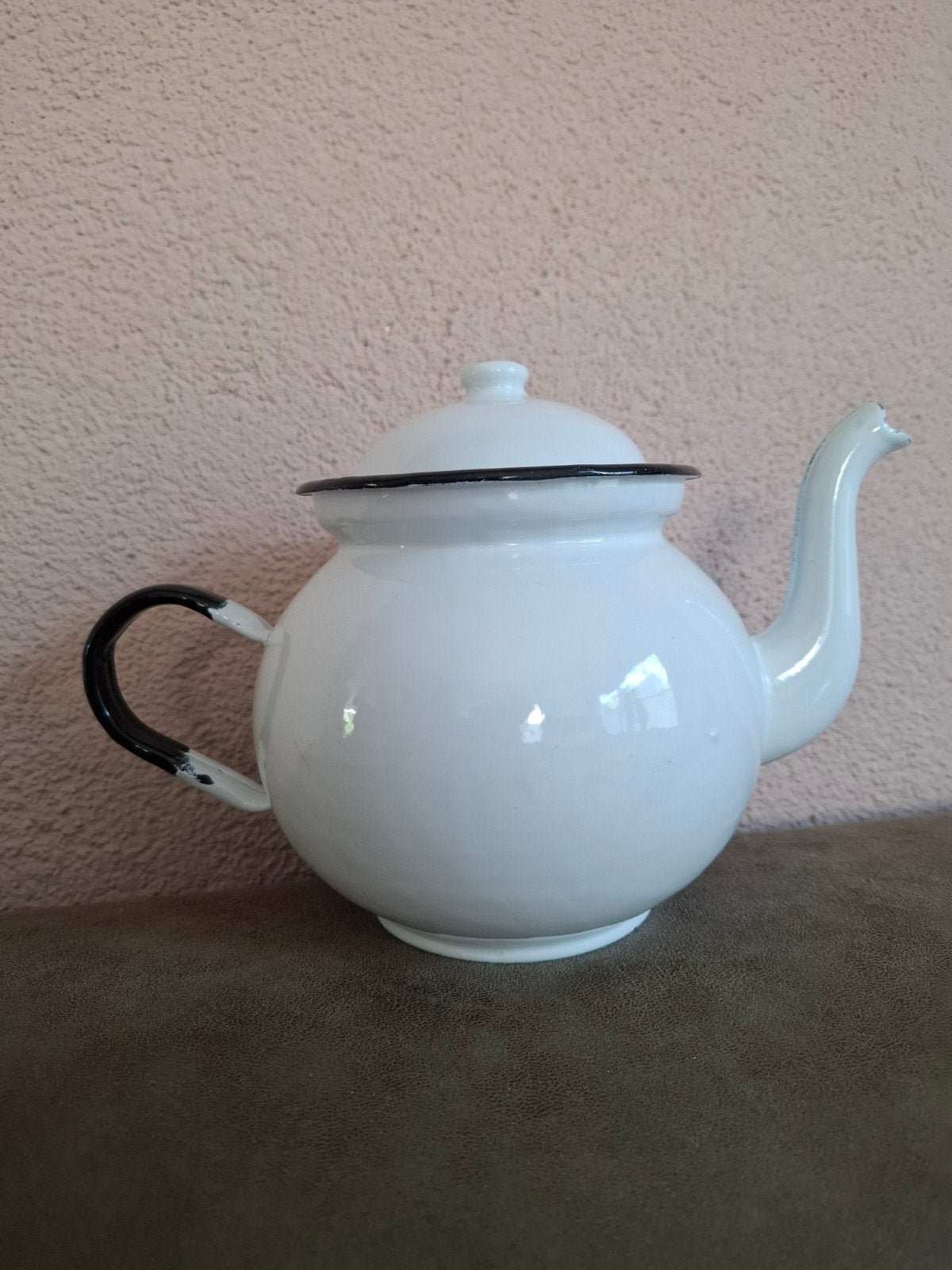 Vintage geëmailleerde theepot wit met zwart, Ophalen of Verzenden