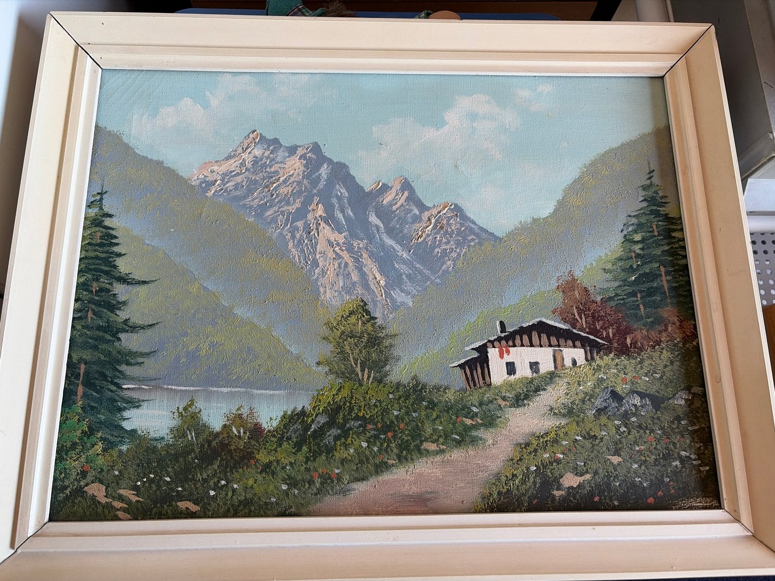 Schilderij berglandschap met huisje, 46x36 cm, Ophalen, Doek, Realistisch, Landschap