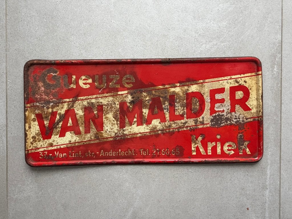 Origineel vintage Van Malder Gueuze Kriek reclamebord, Verzenden, Gebruikt, Reclamebord, Plaat of Schild, Overige merken