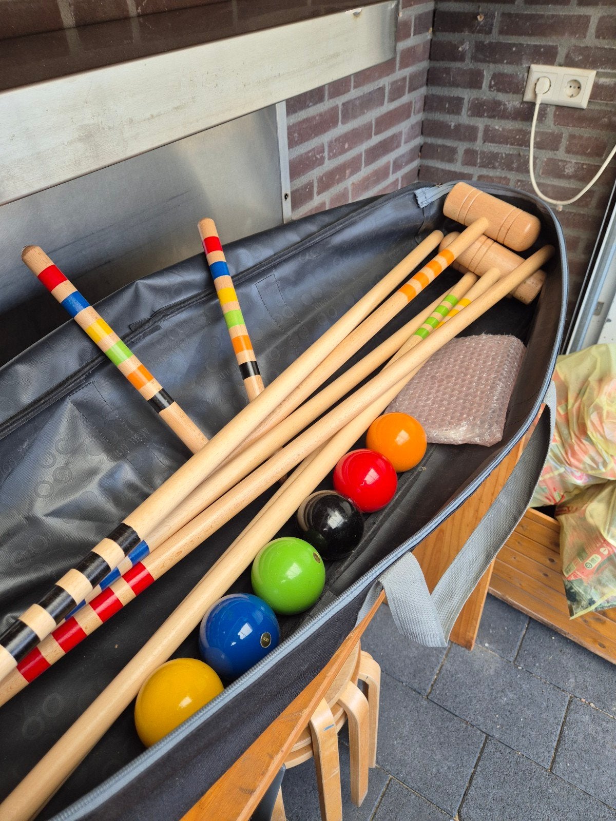 Croquet set volwassenen met draagtas en kindersetl op kar., Ophalen of Verzenden, Zo goed als nieuw