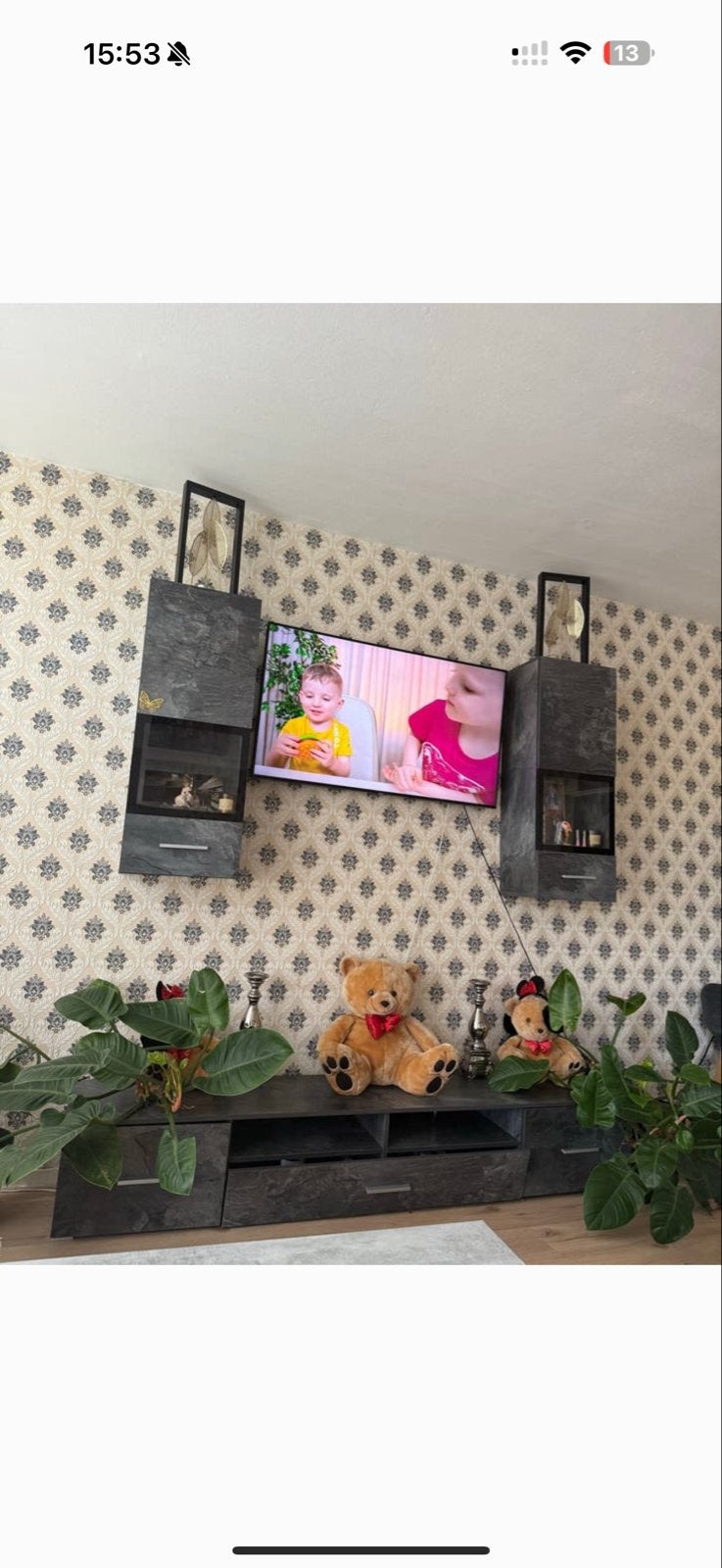 Moderne tv-meubelset met hangkasten, Huis en Inrichting, Kasten | Televisiemeubels, Ophalen, Overige materialen, Gebruikt, 200 cm of meer
