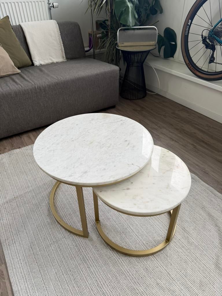 White and gold salontafel set coffee tafel table set zgan, Huis en Inrichting, Tafels | Salontafels, Ophalen, Rond, Minder dan 50 cm
