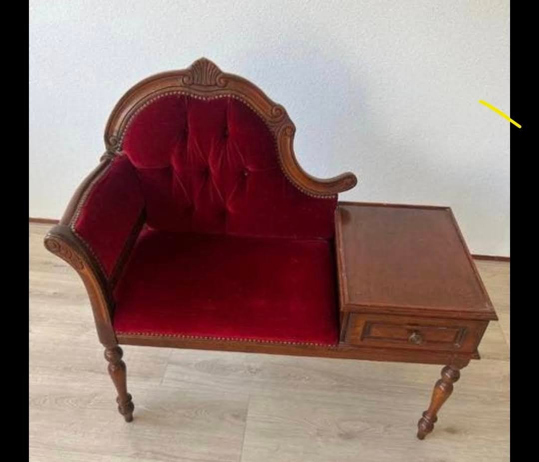 Antieke Telefoonbankje met Rode Velours Bekleding, Ophalen