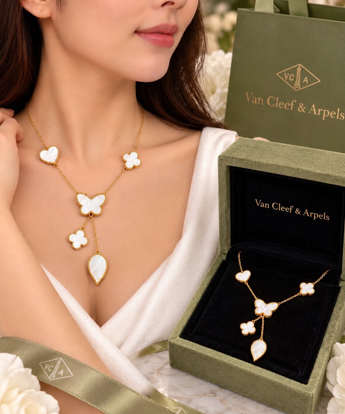 Mooi  VCA Inspired 5-Motief Necklace – 18K Goud / Au750, Sieraden, Tassen en Uiterlijk, Ophalen of Verzenden, Nieuw, Goud, Goud