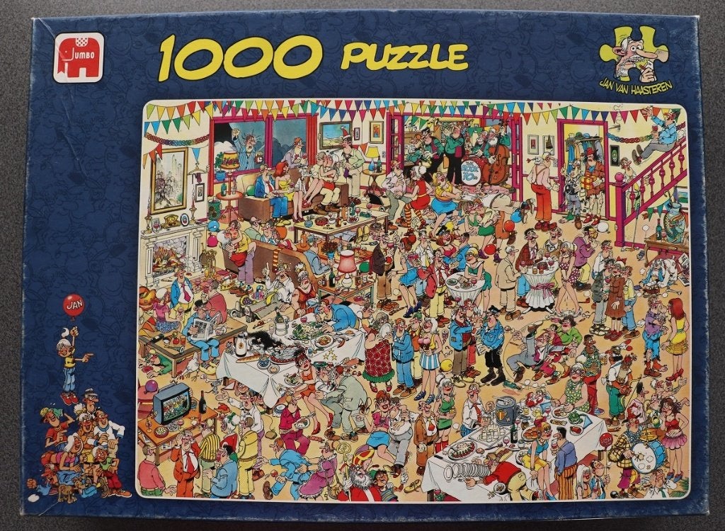 Jumbo Jan van Haasteren legpuzzel 1000 st.: Fijne verjaardag, Ophalen of Verzenden, 500 t/m 1500 stukjes, Gebruikt, Legpuzzel