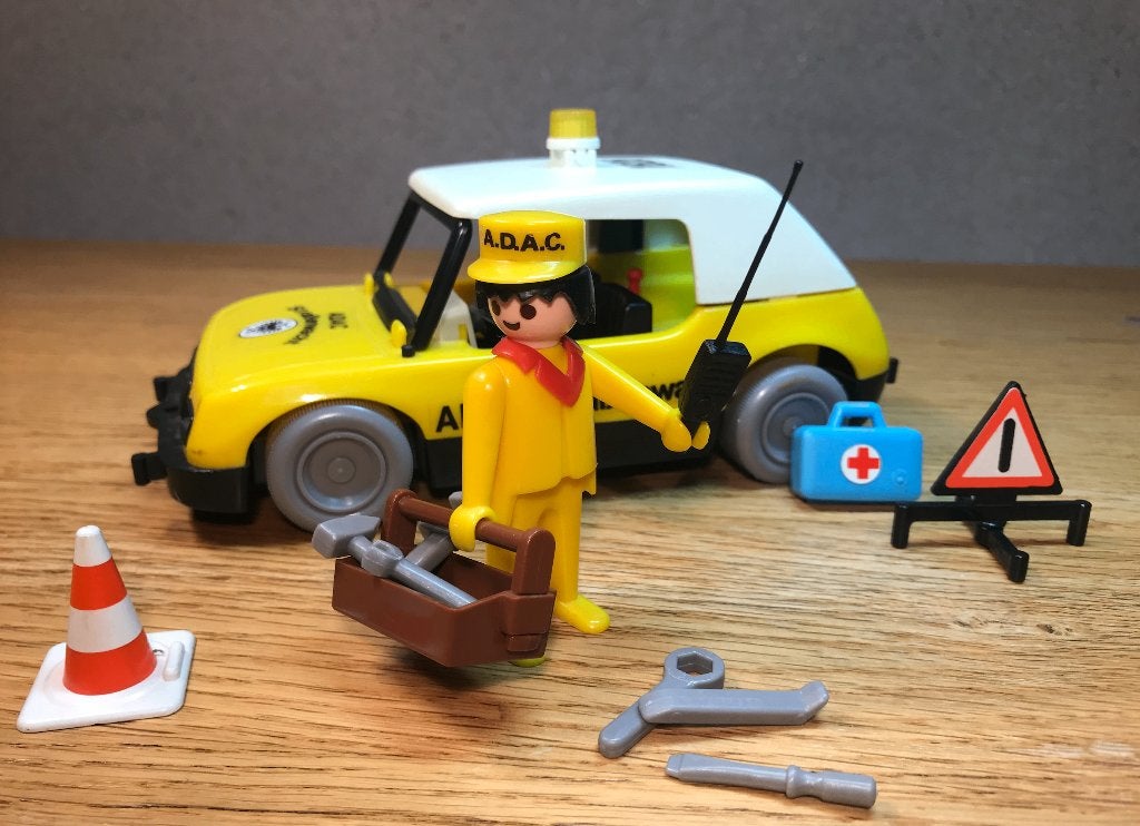 Vintage Playmobil 3473 ADAC Takelwagen + Oranje Auto), Gebruikt, Complete set, Voertuig, Ophalen of Verzenden