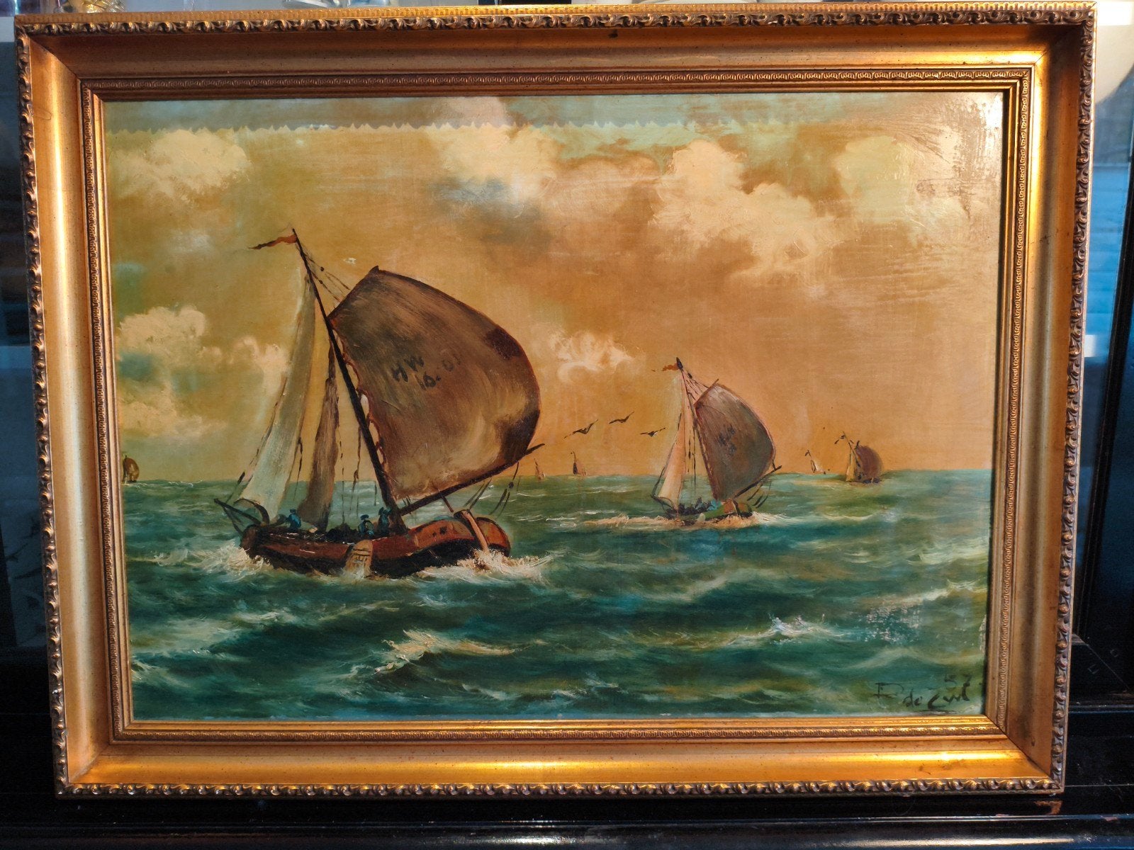 Maritiem schilderij van zeilschepen op woelige zee, Ophalen, Maritiem / water, Doek, Olieverf