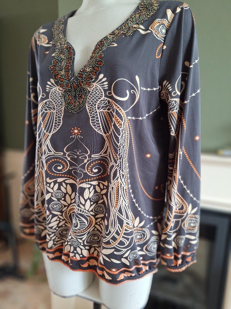 K-Design K Design grijs oranje top pauw L, K-design, Verzenden, Maat 42/44 (L), Zo goed als nieuw