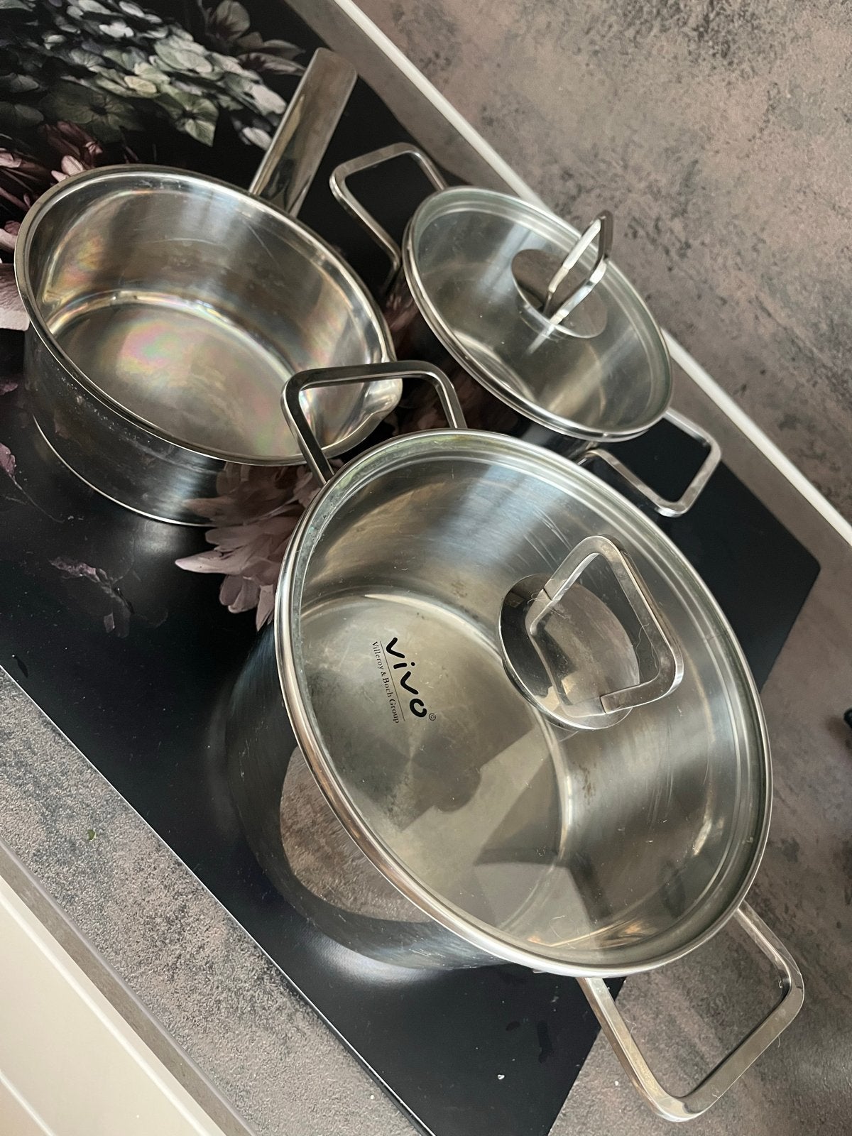 Vivo pannenset - 3 RVS pannen (1.5L, 2.5L, steelpan), Gebruikt, Met deksel, Pannenset, Ophalen of Verzenden
