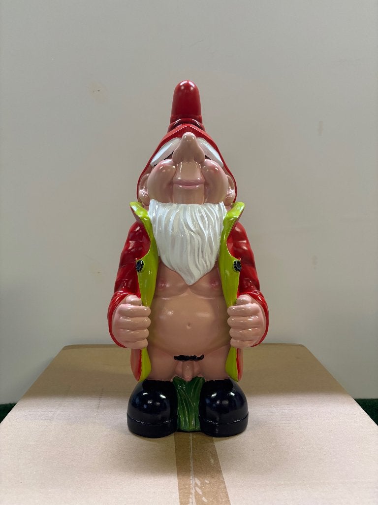 Kabouter Jopie naakt met gras en open jas, Ophalen of Verzenden, Nieuw, Kunststof, Tuinkabouter