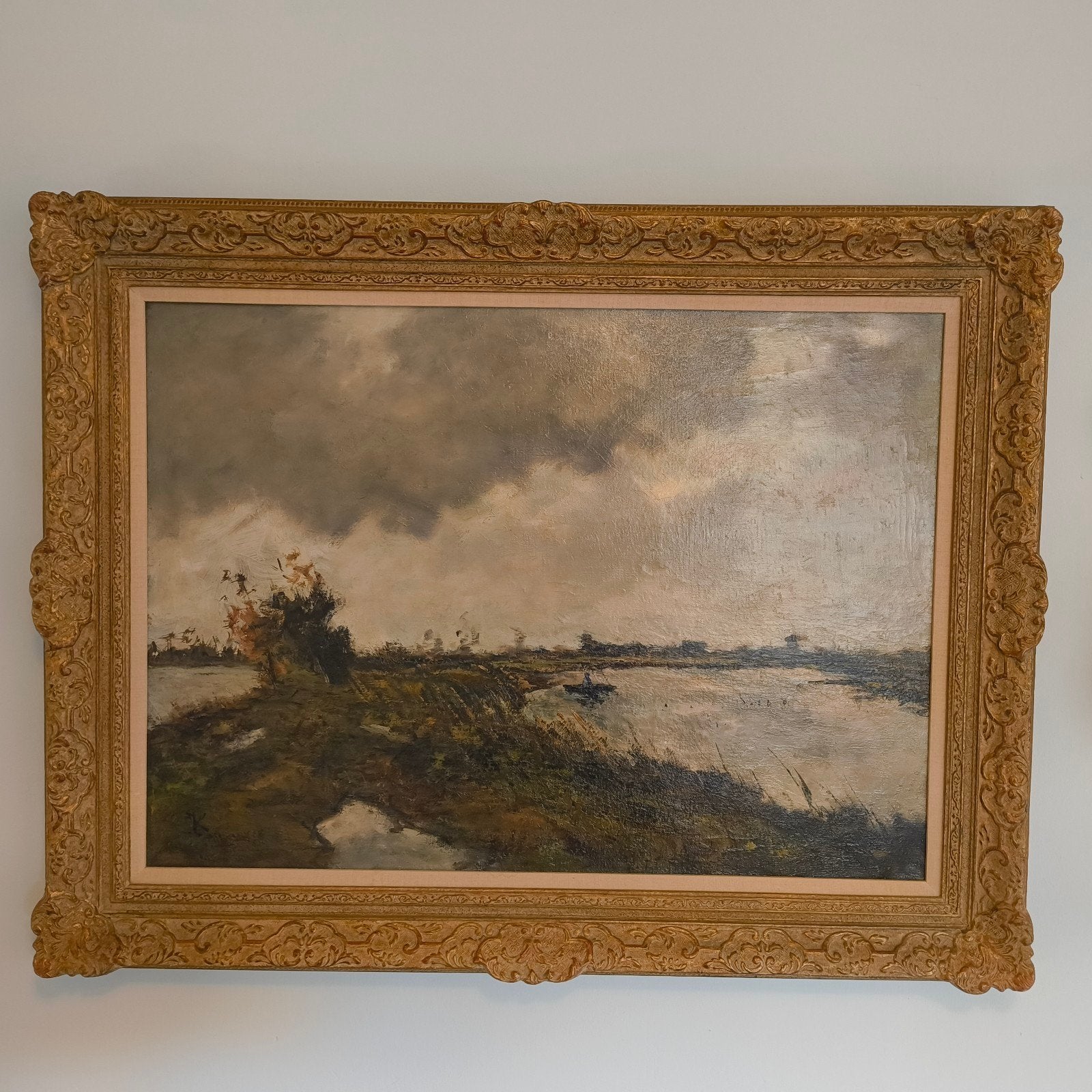 Jan Koster Gronings Polderlandschap olieverf, Doek, Impressionistisch, Ophalen of Verzenden, Bijzondere lijst