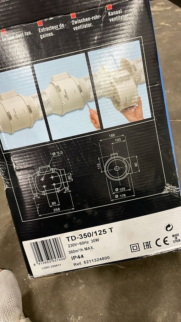 S&P TD-350/125 T Kanaalventilator Ø125 mm met Timer, Ophalen, Nieuw, Ventilator