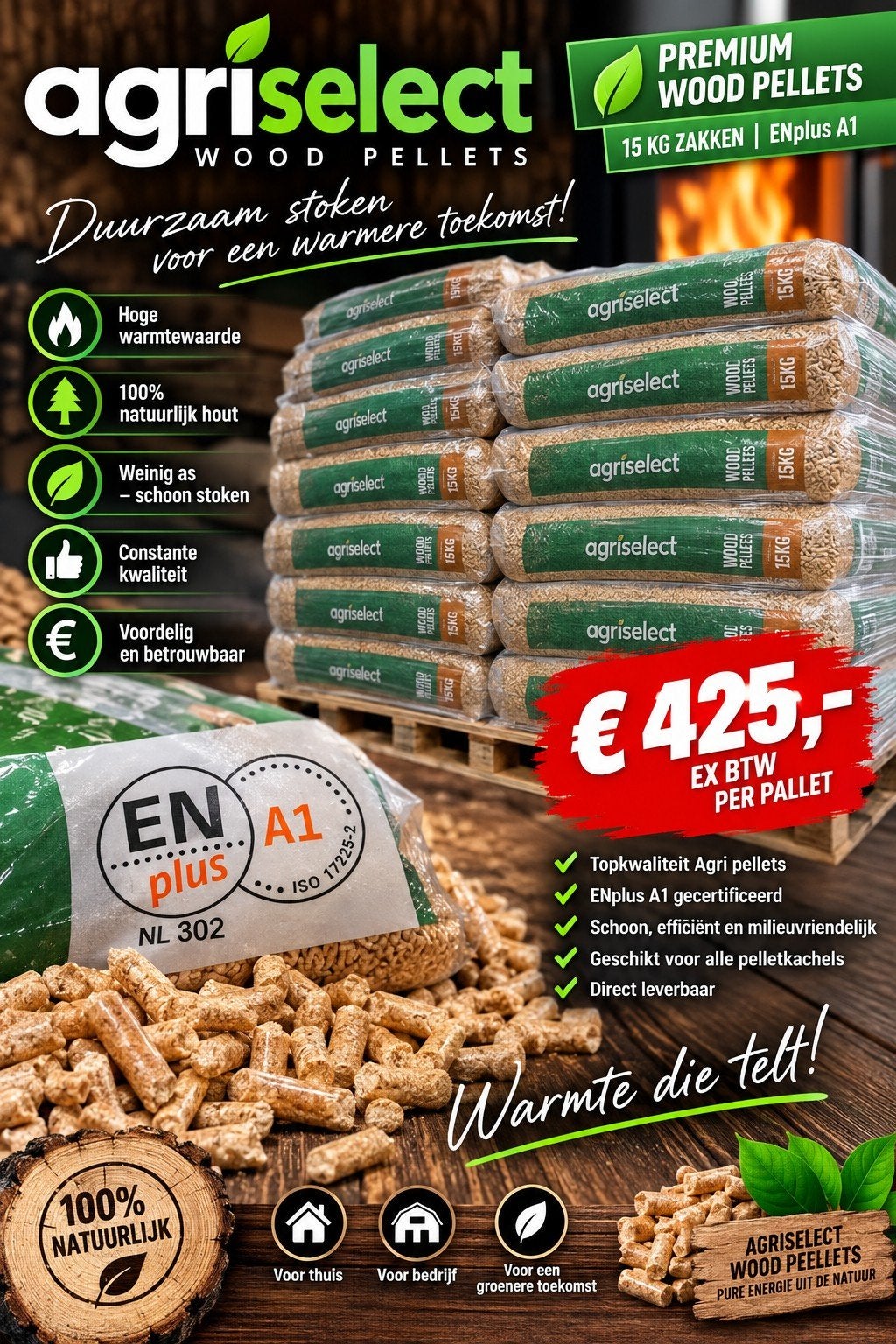 Houtpellets 100% Naaldhout agriselect A1 Keurmerk, Tuin en Terras, Ophalen of Verzenden