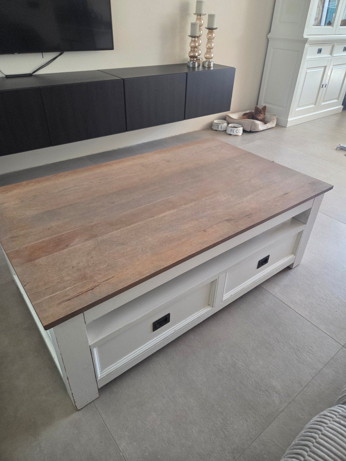Salontafel met opbergruimte - Hout en wit, Huis en Inrichting, Tafels | Salontafels, Gebruikt, Ophalen of Verzenden, Rechthoekig