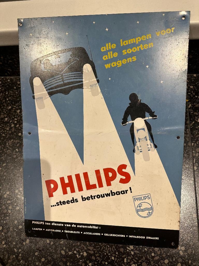 Mooi Philips bord. Lampen voor alle soorten wagens. 1955, Verzamelen, Ophalen of Verzenden, Gebruikt, Reclamebord