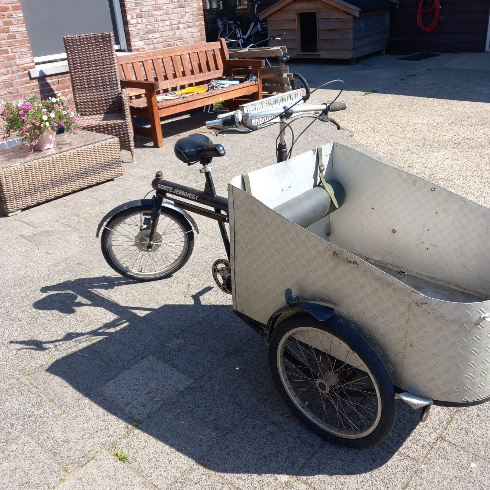 unieke bakfiets achter sturend., Fietsen en Brommers, Ophalen, Gebruikt