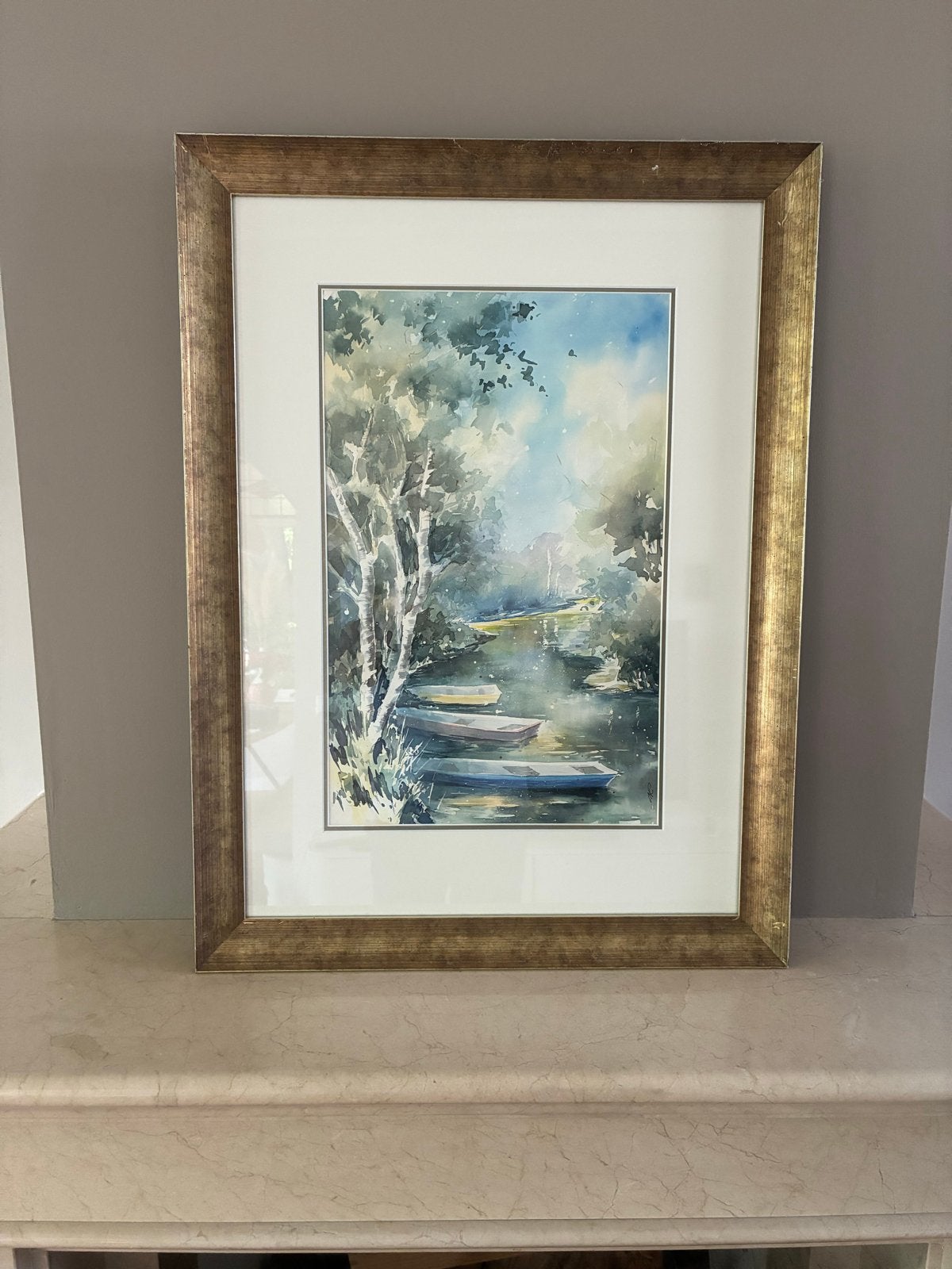 Schilderij: Aquarel van een rivierlandschap met boten, Achter glas, Maritiem / water, Realistisch, Ophalen of Verzenden