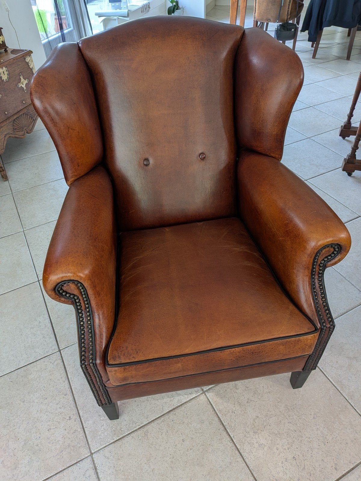 schapenleren oorfauteuil als nieuw, Ophalen of Verzenden, Zo goed als nieuw, 75 tot 100 cm, 50 tot 75 cm