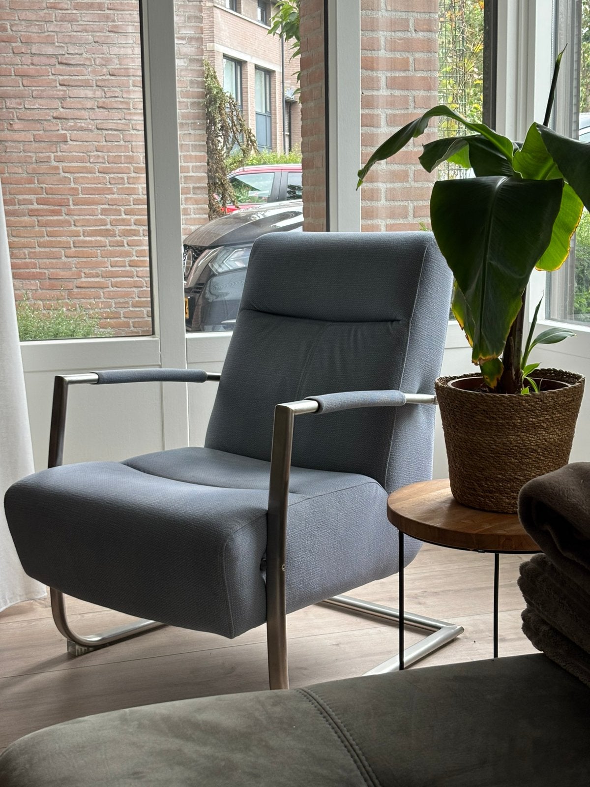 Lichtblauwe fauteuil, Huis en Inrichting, Fauteuils, Ophalen, Gebruikt, 75 tot 100 cm, 50 tot 75 cm