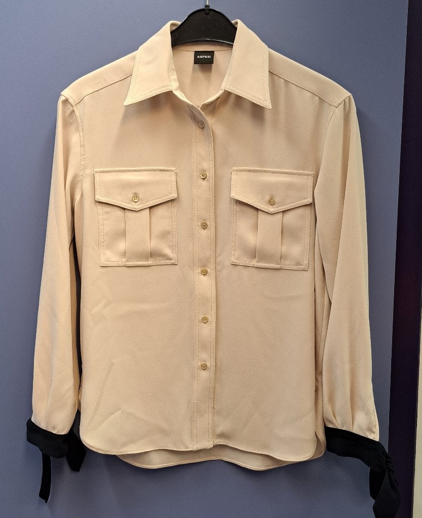 Aspesi blouse creme tint met blauwe strikmanchetten 36 50519, Aspesi, Aspesi, ., Beige