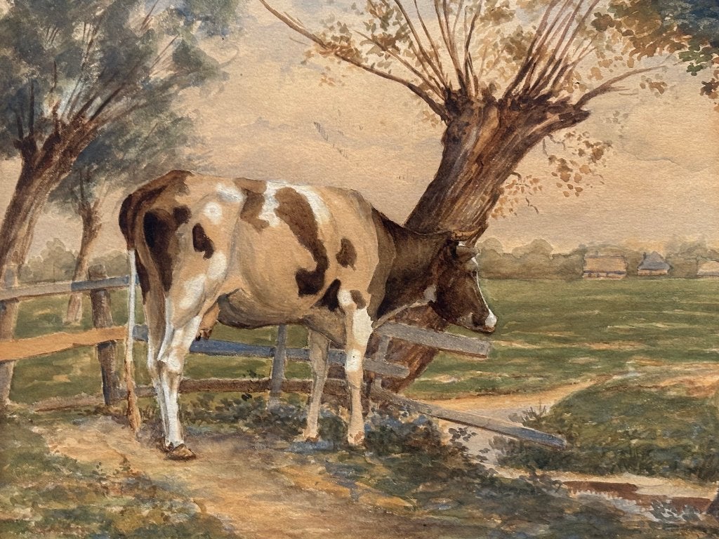 Johan Frits Bennik (1868-1952) - Koe bij knotwilg, Ophalen of Verzenden, Schilderij, Aquarel, Handgemaakt