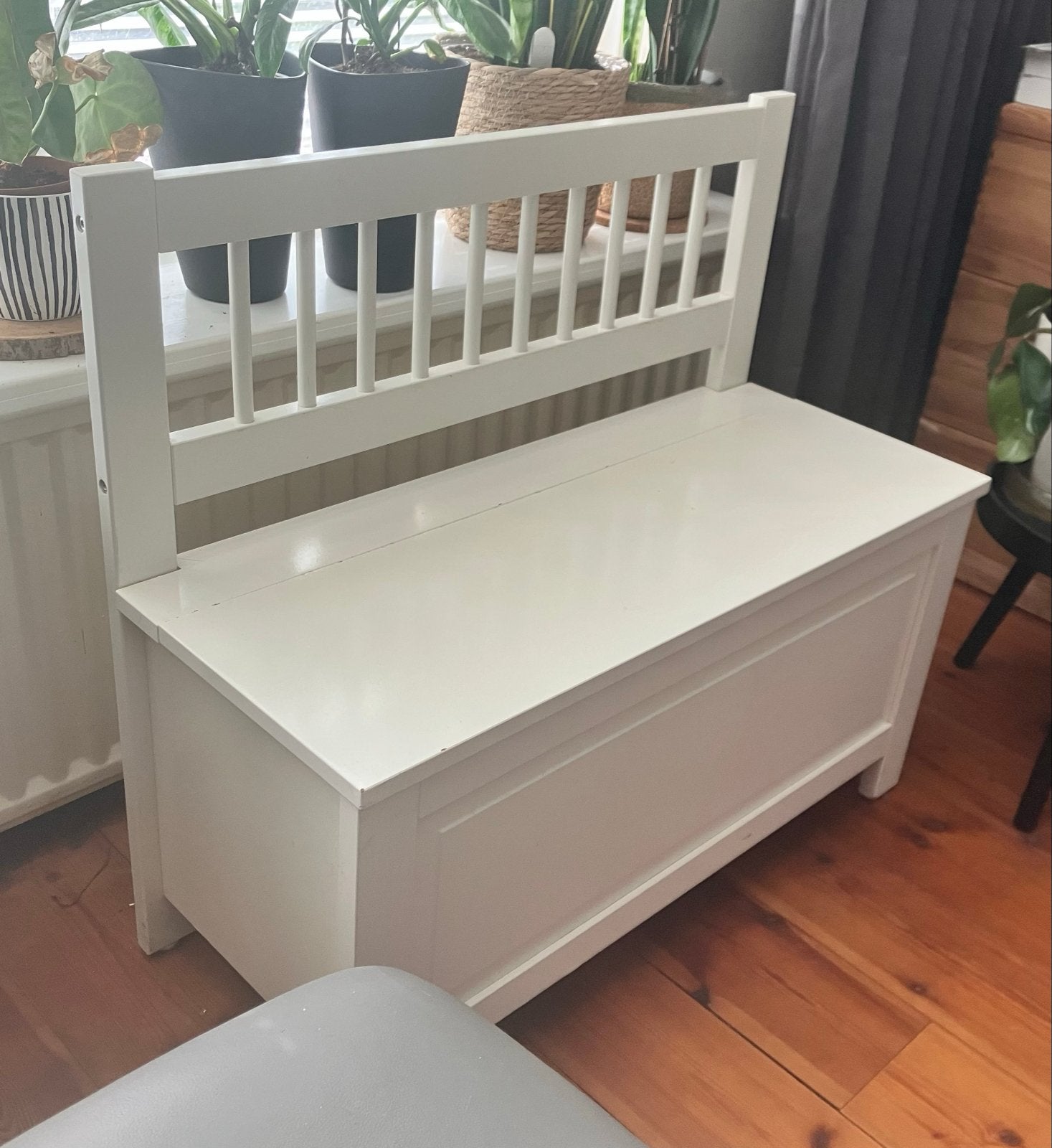 Witte klepbank/opbergkist met rugleuning, Ophalen, Gebruikt, Met klep(pen), Minder dan 150 cm