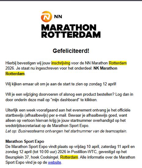 Marathon Rotterdam startbewijs 2026 - wave 1, Eén persoon