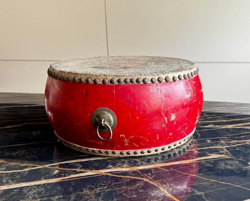 Antieke Chinese tempeltrommel dubbel vel met rammelaar, Ophalen of Verzenden