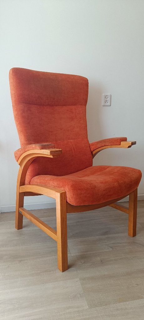 Farstrup Deense relaxfauteuil oranje, Ophalen, Gebruikt, 75 tot 100 cm, Stof