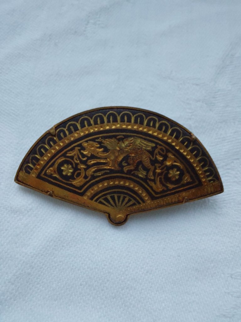 Oude broche koper messing elegante waaier, Ophalen of Verzenden, Zo goed als nieuw, Goud, Koper