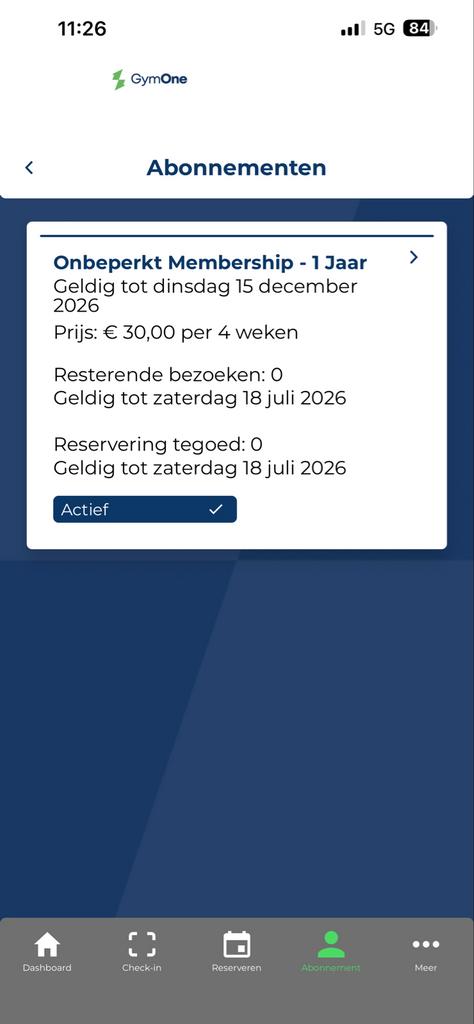 Fitness abonnement GymOne ter overname - €30/4 weken, Sport en Fitness, Fitnessmaterialen, Ophalen of Verzenden, Zo goed als nieuw