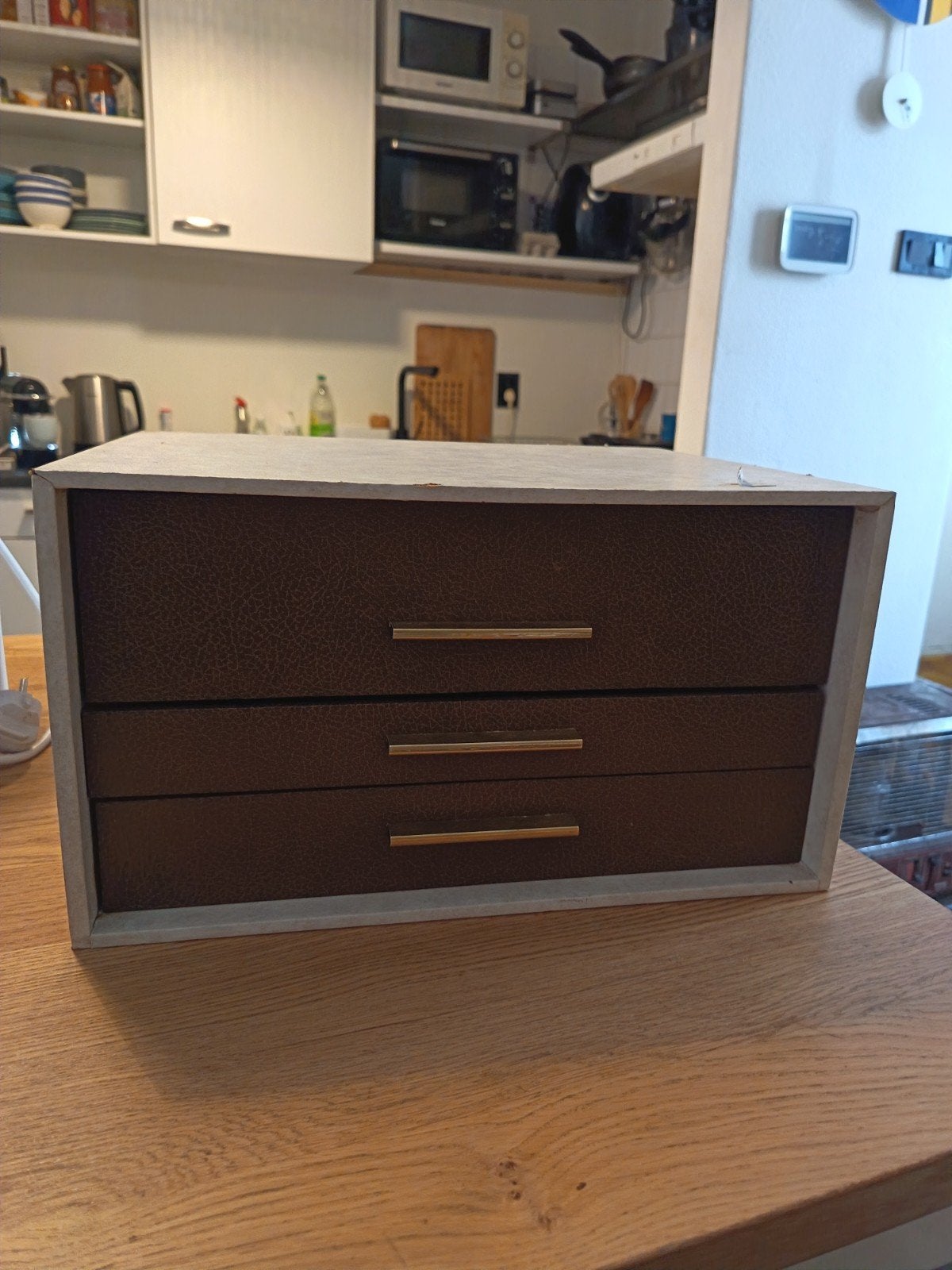 Vintage Bestekkastmet 3 Lades - Groen Fluweel, Antiek en Kunst, Ophalen of Verzenden