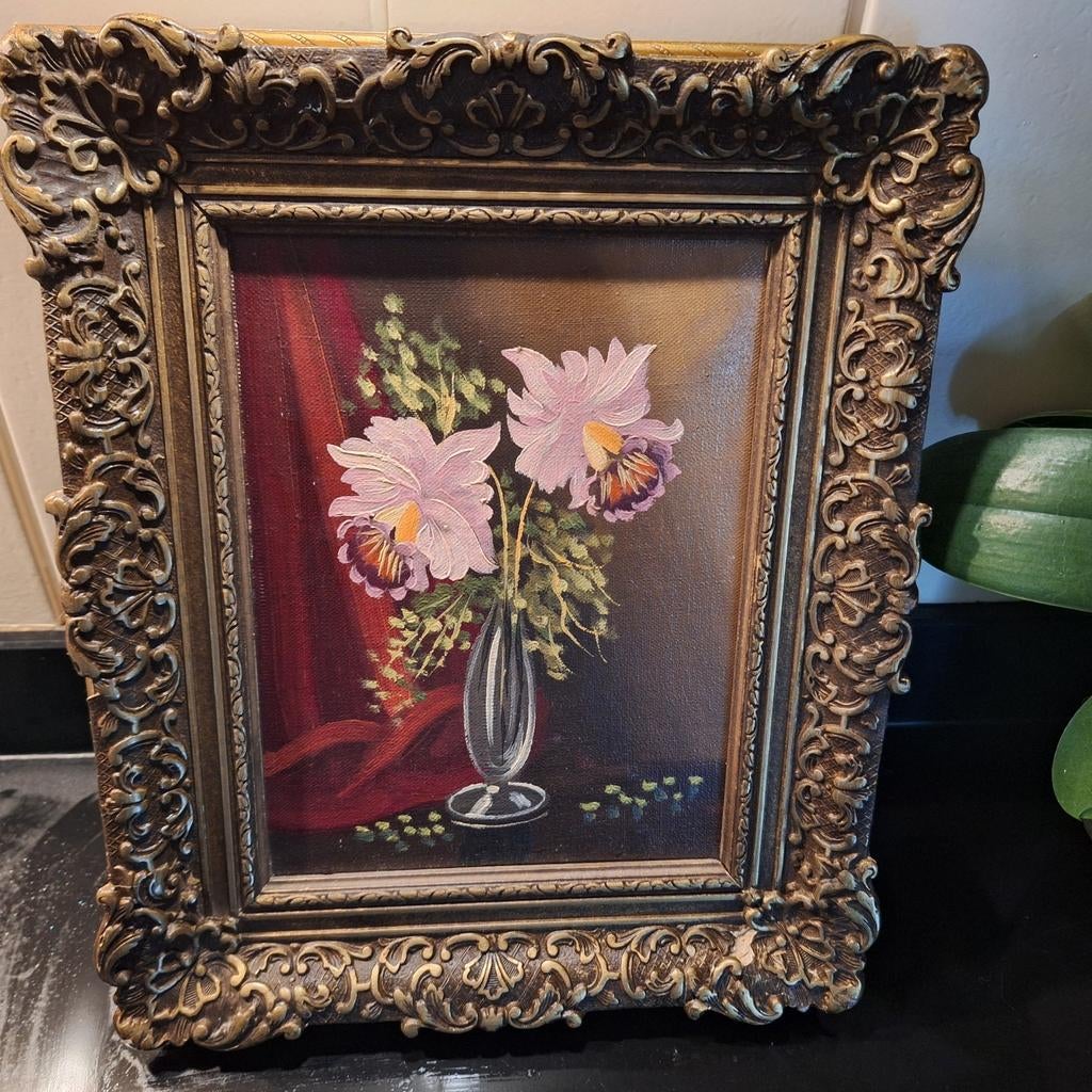 Olieverfschilderij bloemen in lijst, Antiek en Kunst, Kunst | Schilderijen | Klassiek, Ophalen of Verzenden