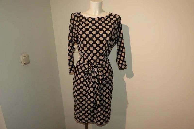 Ladress polkadot stretch travel stof jurk strik band XS/S, Zo goed als nieuw, Knielengte, Meerkleurig, Verzenden