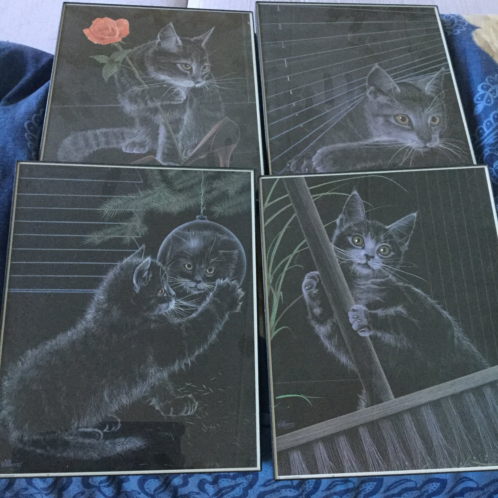 4 Leuke Poezenschilderijtjes - Kattenkunst voor aan de Muur, Minder dan 50 cm, Gebruikt, Ophalen of Verzenden, Schilderij