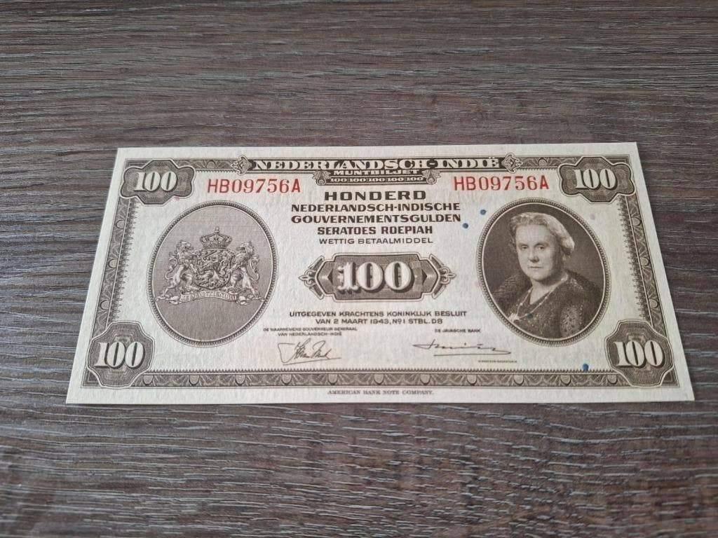 UNC biljet 100 gulden Nederlands-Indië 1943, lastig biljet, Postzegels en Munten, Bankbiljetten | Nederland, Ophalen of Verzenden
