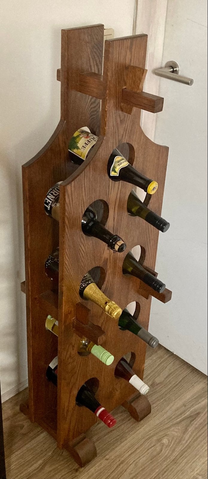 Eikenhouten Custom Made flesvorm wijnrek voor 9 flessen, Ophalen, Gebruikt, 5 tot 15 flessen, 75 – 100