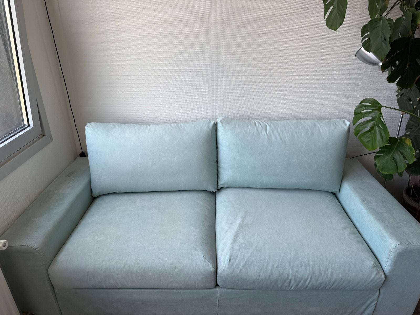 IKEA Vimle Slaapbank 2-zits mintgroen/lichtblauw., Gebruikt, Tweepersoons, Ophalen of Verzenden, Rechte bank