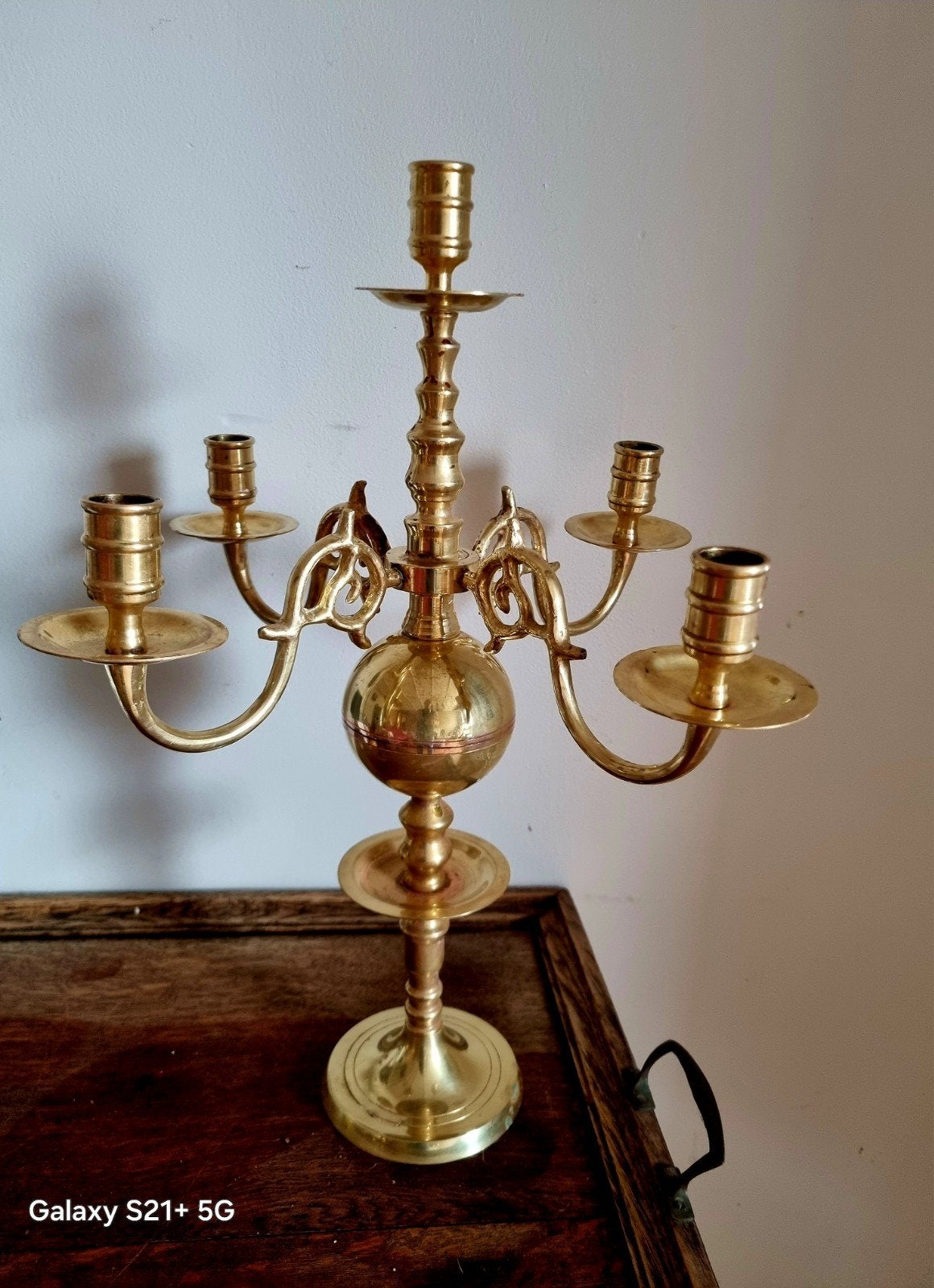 Antieke Messing Kandelaar - Vijfarmige Kroonluchter, Ophalen, Koper of Brons