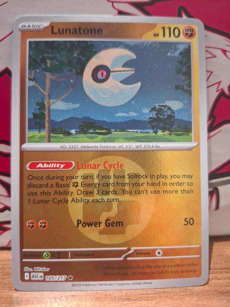 Pokemon Lunatone ASC 105/217 reverse holo, Ophalen of Verzenden, Nieuw, Losse kaart