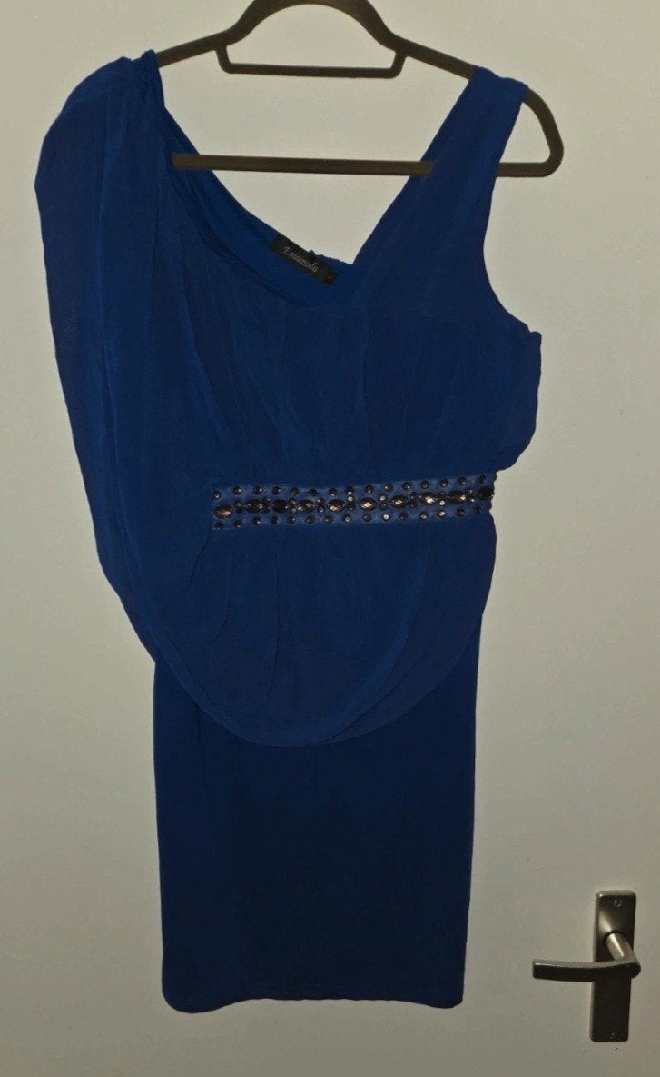 Elegante Emamoda blauwe jurk met steentjes - Maat L, Emamoda, Blauw, Maat 42/44 (L), Ophalen of Verzenden